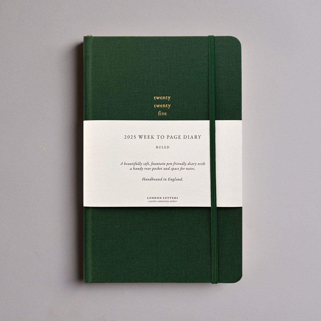 London Letters 2025 luxury week to page diary. Beautiful diaries. Small business diaries. British racing green luxury diary. Sustainable diaries. British made diaries, gifts for christmas. New year. organisation and journalling diaries. Best diaries 2024. Luxury 2025 diaries.