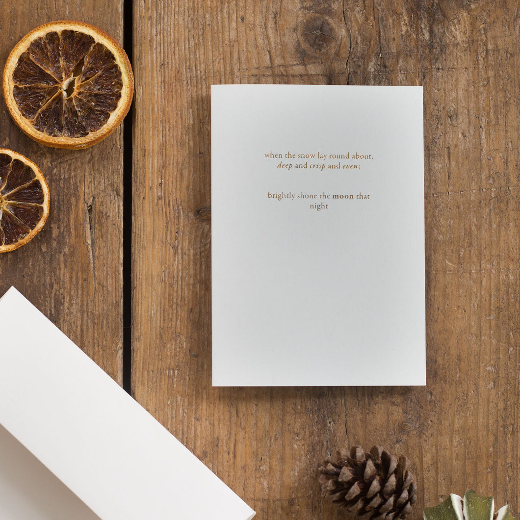 when the snow lay round about deep and crisp and even love actually themed Christmas card festive cards handprinted luxury cards hot foil letterpressed